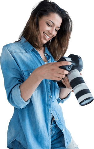 Transparent photographer admiring camera screen joyfully