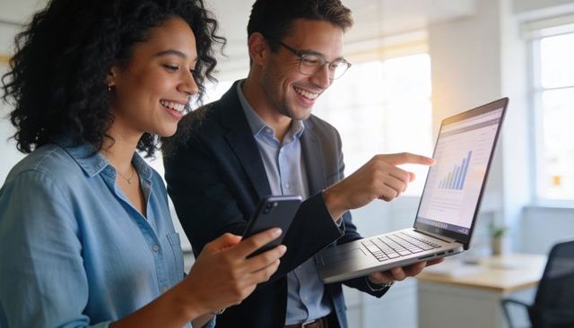 Collaborating over sales data, analyzing growth charts on laptop by smiling coworkers
