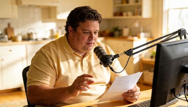Home podcaster hosting live show from cozy kitchen desk with microphone and monitor