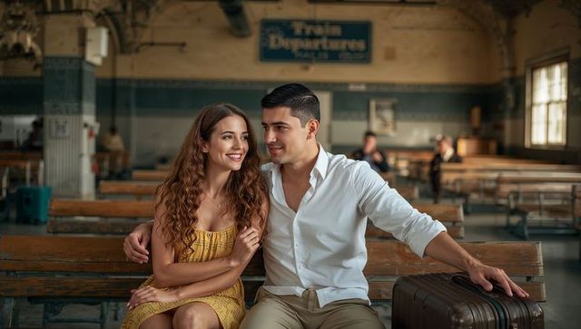 Young couple waiting at vintage train station embracing on bench with suitcase and romantic vibe