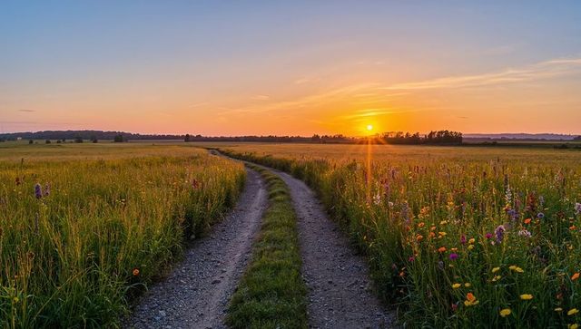 Winding dirt track through wildflower meadow at golden hour sunset with pastoral horizon