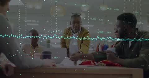 Creative Team Collaborating in Vibrant Design Studio with Futuristic Overlay