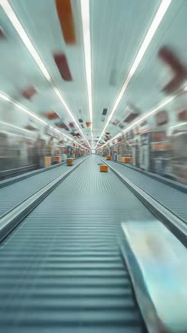 Vertical conveyor video moving toward vanishing point with yellow parcels and motion blur