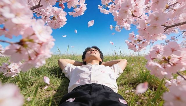 Asian man relaxing lying on grass under falling cherry blossom petals on sunny blue sky