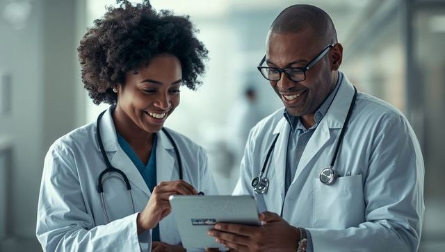 Doctors Collaborating on Tablet Technology in Hospital Corridor