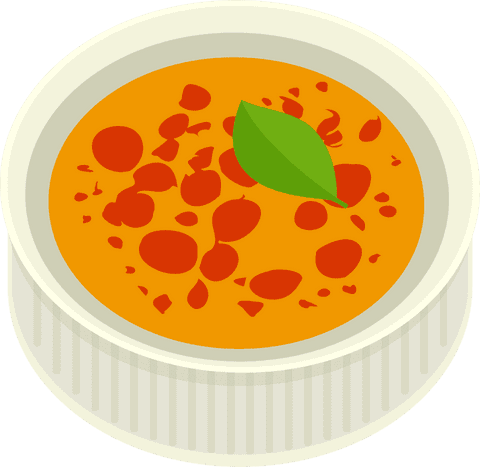 Transparent bowl illustration with orange soup and decorative garnish