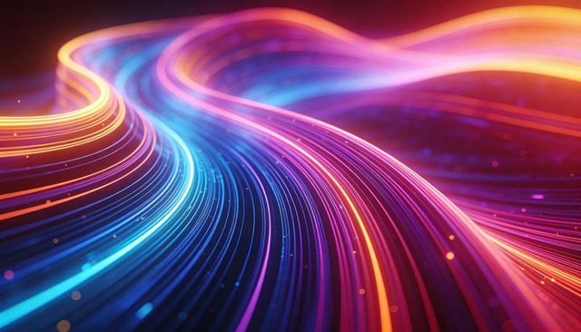 Neon flowing ribbons cyan magenta orange curving light trails creating motion depth energy