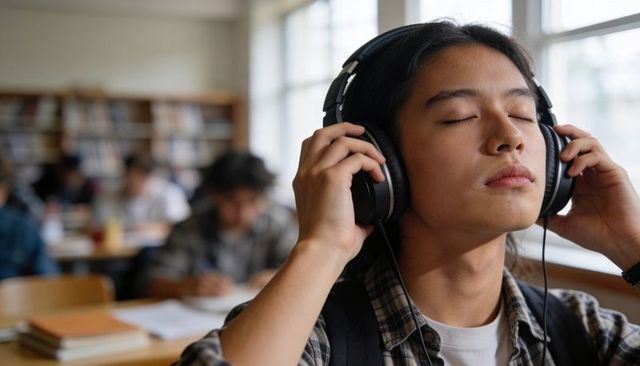 Asian teen listening to music with headphones relaxing in sunlit classroom