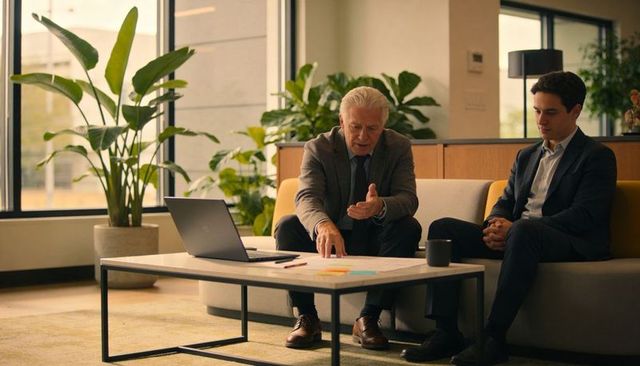 Senior mentor pointing at documents during collaborative meeting in modern office lounge