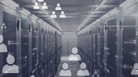 Profile Icons over Data Server Room Representing Networking