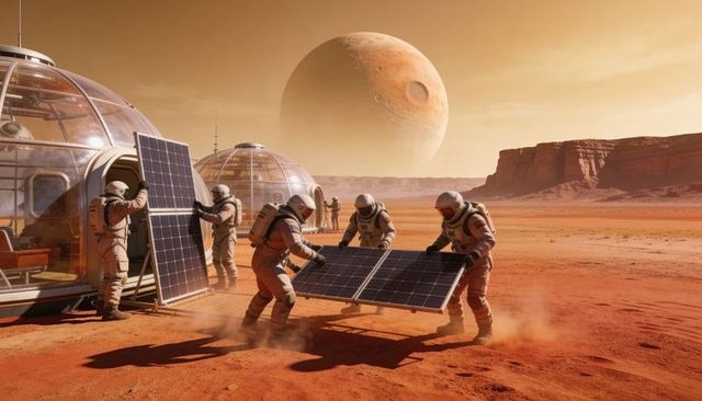 Astronaut Crew Installing Solar Panels at Mars Habitat, Dome Modules and Red Desert