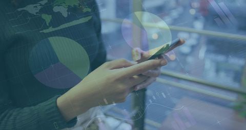 Businesswoman Analyzing Data on Smartphone with Infographic Overlays - Download Free Stock Images Pikwizard.com