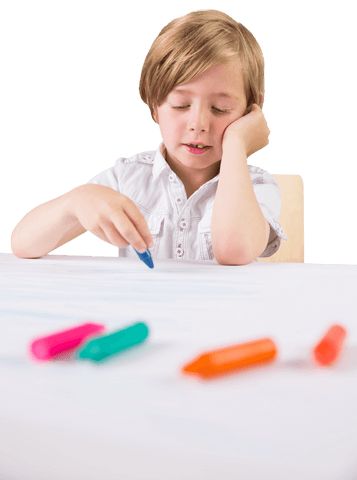 Caucasian Boy Drawing With Crayons on Transparent Background