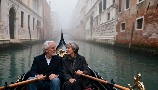Senior couple rowing gondola through misty venetian canal showing romance and togetherness