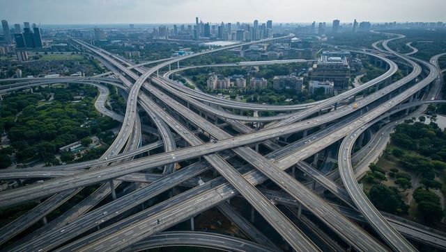 Aerial multilevel highway interchange weaving over urban greenery with elevated ramps and skyline