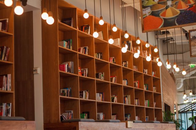 Wooden shelves are filled with books in a contemporary bookstore with warm, cozy lighting. Hanging light bulbs create an inviting atmosphere, ideal for browsing and reading. This image is great for use in articles or advertisements related to bookstores, interior design, reading environments, or literature events.
