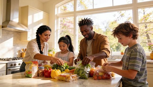 Family unpacking groceries and preparing fresh produce on sunlit kitchen island
