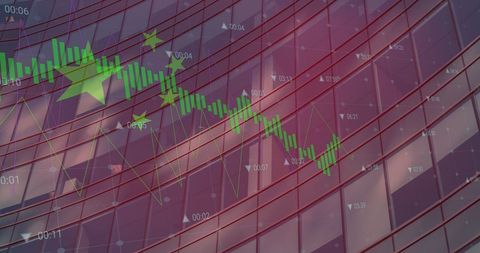 Chinese Flag with Financial Graph and Cityscape Elements