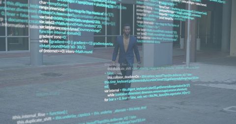 Standing executive in urban plaza with holographic code overlay representing cybersecurity