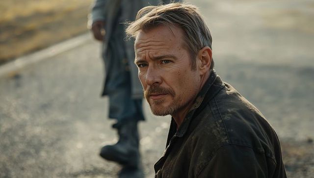 Rugged middle-aged man gazing at camera roadside during golden hour wearing worn jacket and boots