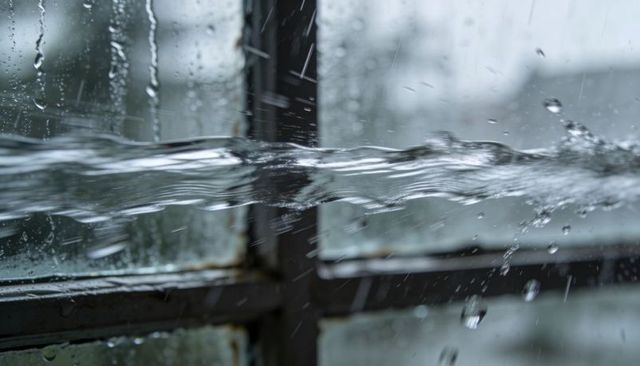 Streaming water ribbon across rain-soaked industrial window with rusting metal frame