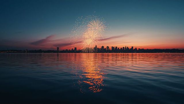 City Skyline Reflections and Fireworks over Calm Waters at Dusk