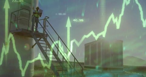 Technician checking tablet on industrial tank with rising data graph overlay