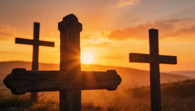 Three weathered wooden crosses standing on hill at sunset with golden sun rays, spiritual memorial