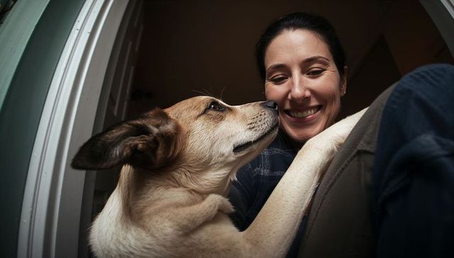 Smiling woman nuzzling tan white dog at doorway, cozy pet affection closeup