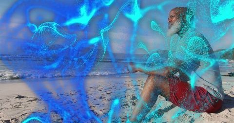 Meditative Man at Beach with Digital Holographic Effects