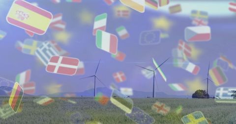 European flags overlay with wind turbines green energy concept