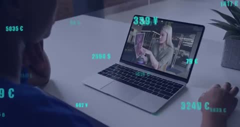 Virtual Communication with Floating Currency Symbols on Laptop