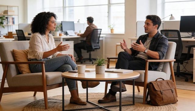 Colleagues discussing in modern office lounge, casual meeting, collaborative conversation
