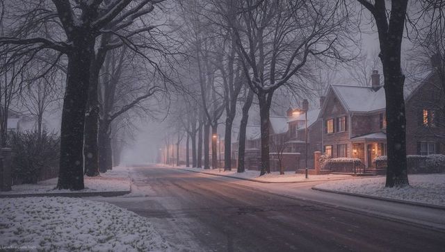 Glowing porches lining snowy suburban avenue at dusk with tall bare trees and streetlamps