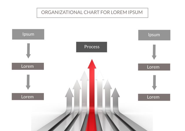 Ideal for business presentations and corporate planning, this sleek organizational chart template features a central growth arrow symbolizing progress and development. Use it to visualize company structure, workflow processes, and business strategies effectively.