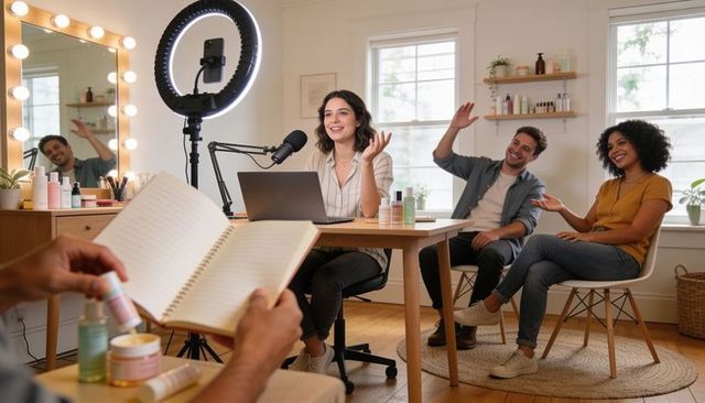 Friendly beauty creator hosting live skincare review with guests and ringlight setup