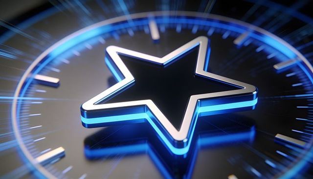 Glowing futuristic star emblem reflecting neon blue streaks on circular chrome gauge dial
