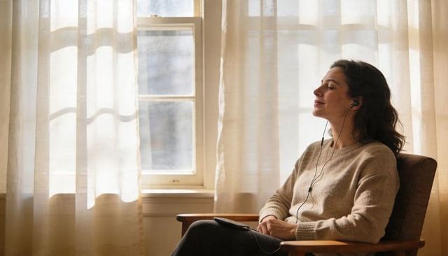 Woman relaxing in armchair listening to music by sunlit window with sheer curtains