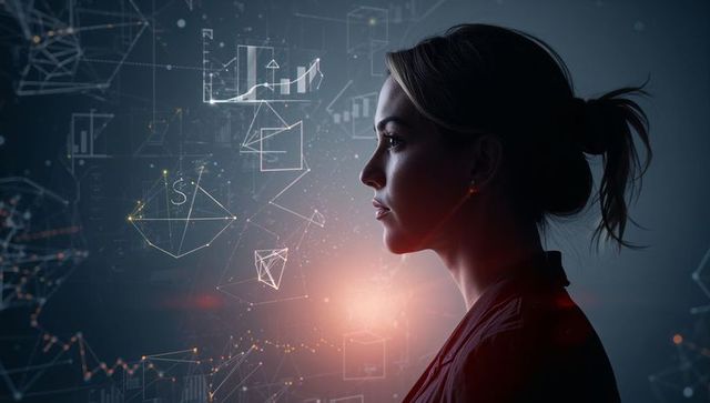 Female data scientist analyzing holographic data, network visualizations and ai insights