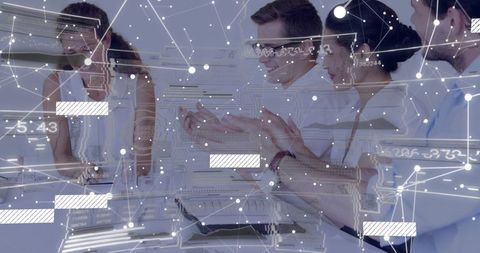 Business Team Collaborating on Digital Files with Futuristic Holographic Interface