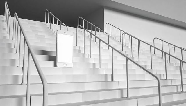 Monochrome Minimalist Staircase with Smartphone Mockups and Bold Geometric Architecture