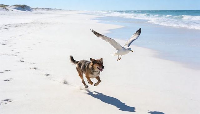 Playful dog chasing seagull on white-sand beach, energetic pet running along shoreline