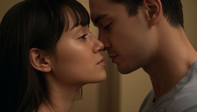 Intimate couple nose-to-nose closeup sharing romantic moment in warm soft light
