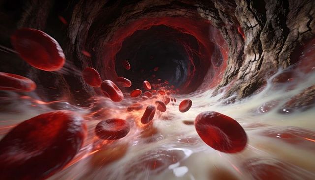 Rushing red blood cells streaming through vessel with turbulent plasma streaks