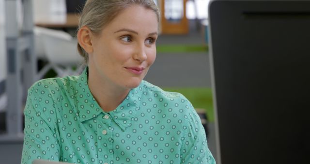 Smiling Woman Working at Office Desk - Download Free Stock Images Pikwizard.com