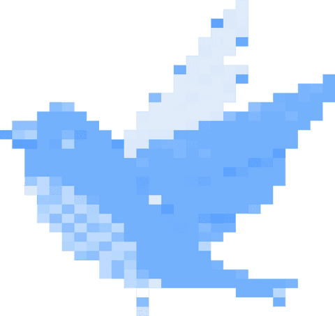 Pixelated blue bird in flight on transparent background