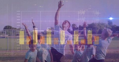 Youth coach leading kids reaching up on field with data overlay for team performance