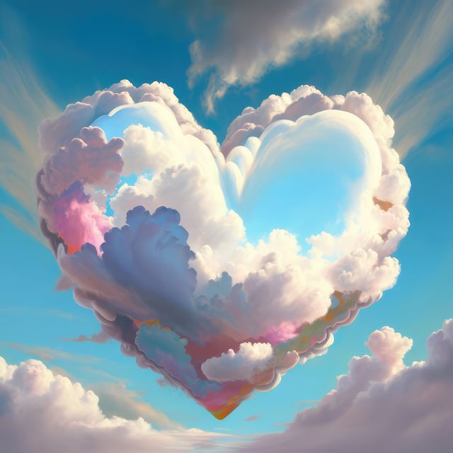 Heart-shaped cloud floating in clear blue sky represents love and peace. Ideal for romantic, inspirational, or nature-themed projects. Useful for posters, greeting cards, or social media graphics emphasizing beauty and tranquility of nature.