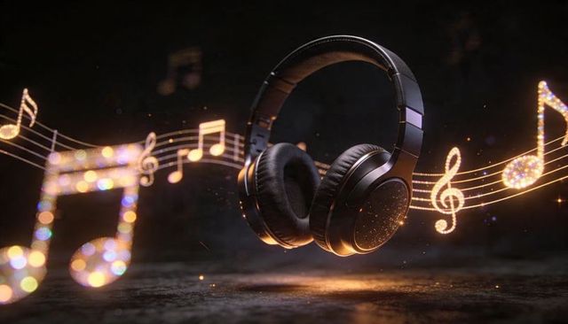 Floating over-ear headphones with golden musical notes and cinematic dark lighting