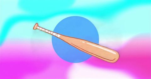 Floating wooden baseball bat on vibrant pastel background